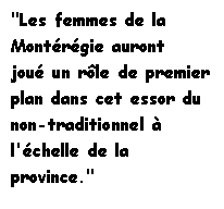Zone de Texte: "Les femmes de la Montérégie auront 
joué un rôle de premier plan dans cet essor du non-traditionnel à l'échelle de la 
province."

