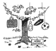 Un arbre avec des objets divers accrochés sur ses branches et une pancarte "arbre plastique" plantée devant
