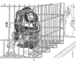 Un gorille dans une cage tenant une poupée et un scientifique avec une seringue dans la main. 