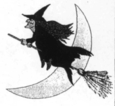 Une sorcière volant sur un balai devant un croissant de Lune
