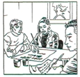 3 jeunes assis à une table qui font de la calligraphie.
