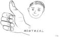 Dessin d'un pouce levé, "Montréal" et le visage d'un homme