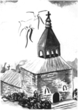 Une église et des colombes enrubannées qui la survolent