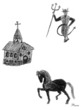 Représentation d'un diable fourche à la main, d'une église et d'un cheval