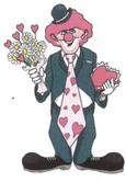 Clown qui tient des fleurs et un coeur.