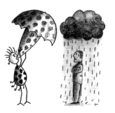 Personnage féminin qui est protégé par un parapluie tandis que le personnage masculin est sous la pluie.