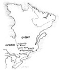 Carte situant les villes de Fugèreville, Rouyn, Ville-Marie, Labelle, Témiscamingue au Québec et de North Bay en Ontario