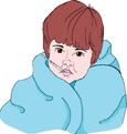 Un enfant emmitouflé dans une couverture, avec un thermomètre dans la bouche.